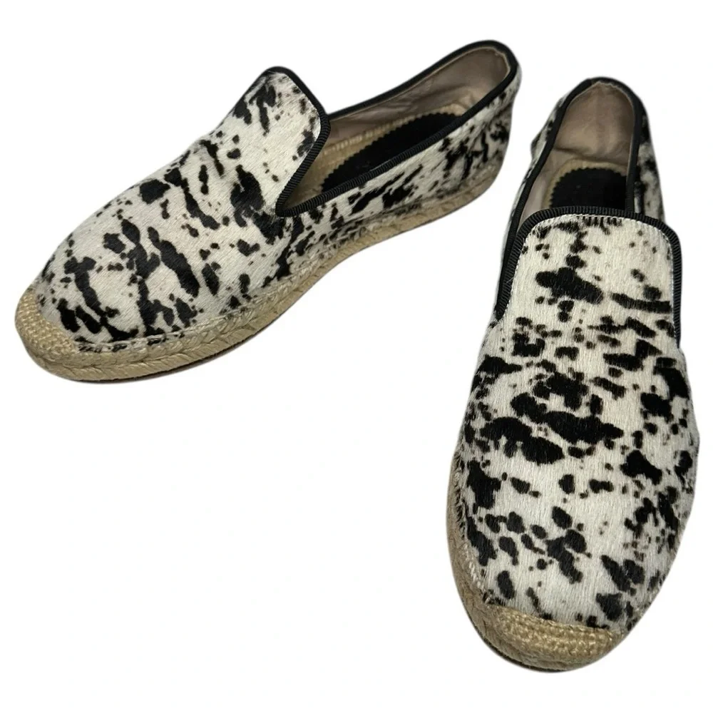 Elyse Walker 38 Black White Calf Hair Animal Print Leather Espadrilles Loafers